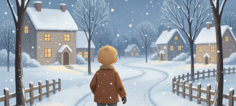 Illustration of a boy walking through snow-covered streets and past houses in Kevelaer with a small shining star.
