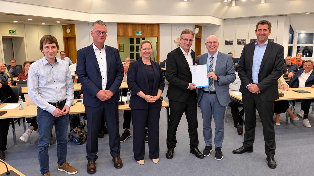 The GPA president hands the mayor a report. Standing next to them are three men and one woman.