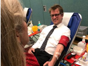 The mayor donating blood