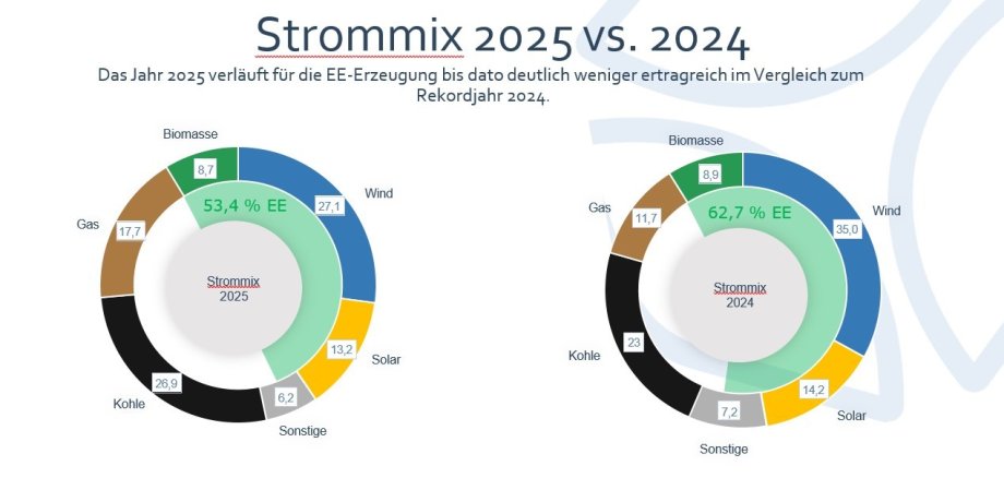 The charts show that renewable energies accounted for just under 63% of the electricity mix in 2024.