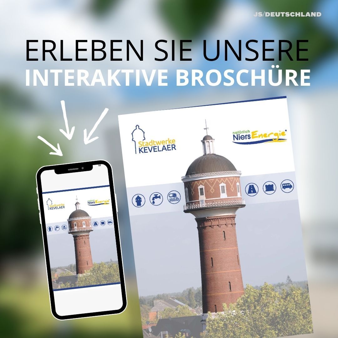 Voorpagina van de interactieve brochure van Stadtwerke Kevelaer en NiersEnergie met de watertoren als covermotief, getoond op een smartphone en in de gedrukte versie.