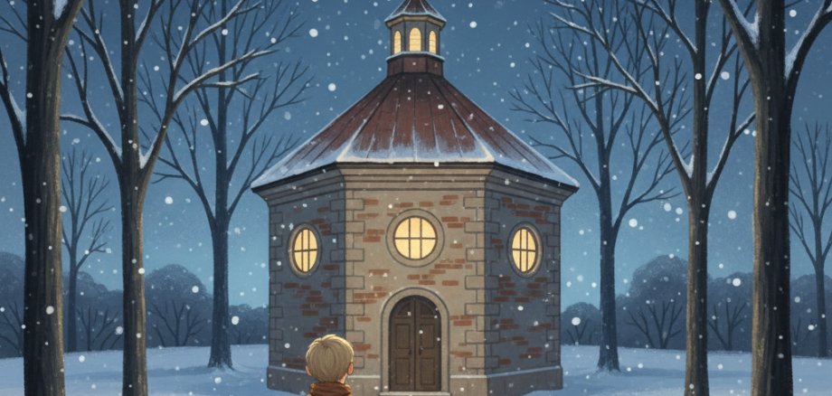 Illustratie van het kapelplein in Kevelaer in de winter. Een jongen staat in de sneeuw voor de Kapel van Barmhartigheid en ontdekt een kleine stralende ster.