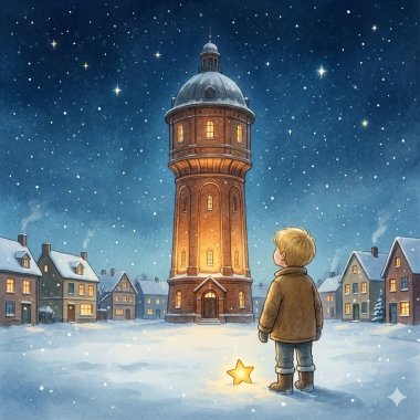 De Kevelaer watertoren in de winter Illustratie van de Kevelaer watertoren op een winterse avond. Een jongen staat ervoor terwijl een kleine ster oprijst uit de toren.