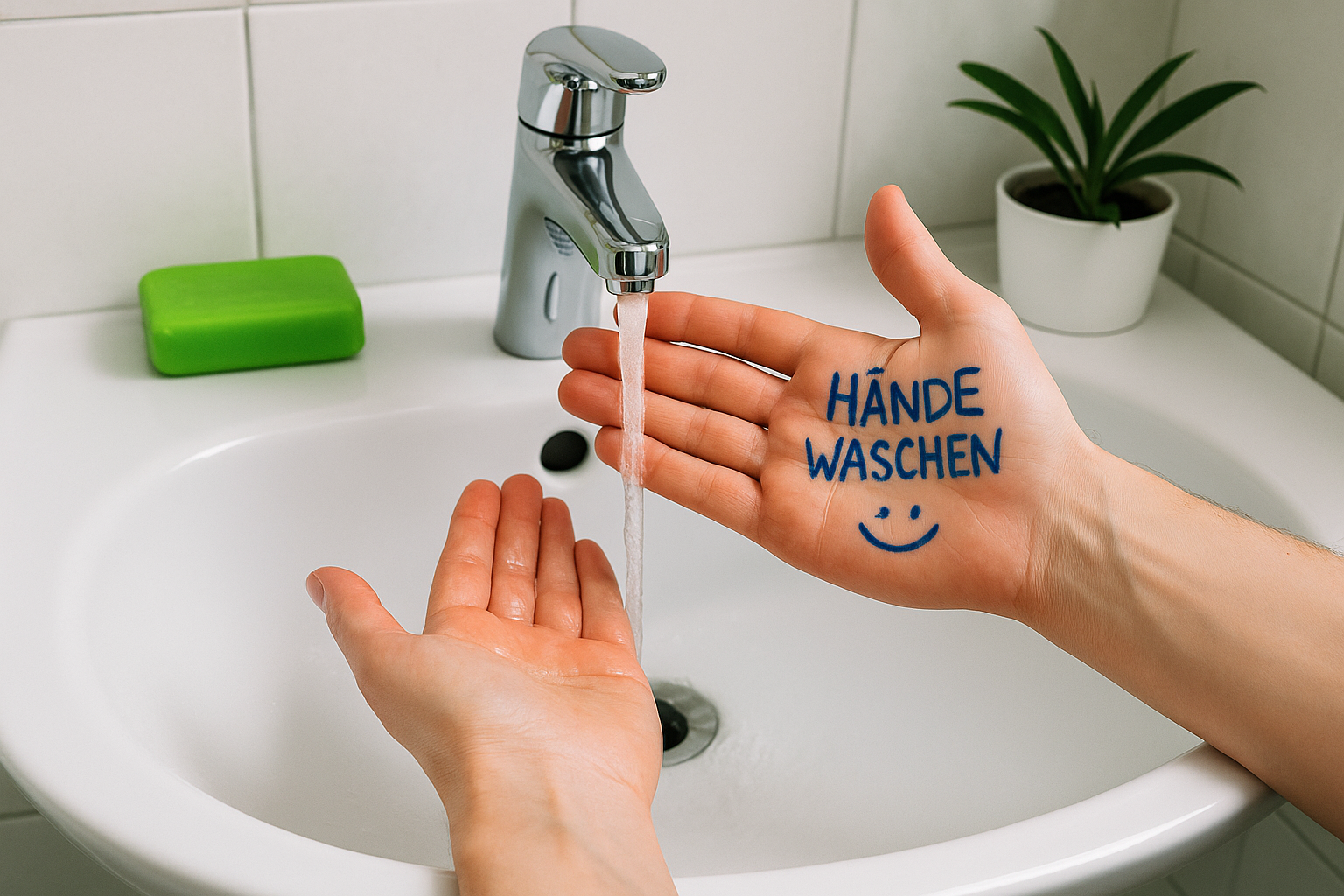 Twee handen onder een stromende kraan, met "wash hands" geschreven op één hand - een herinnering om bewust je handen te wassen en water te besparen.